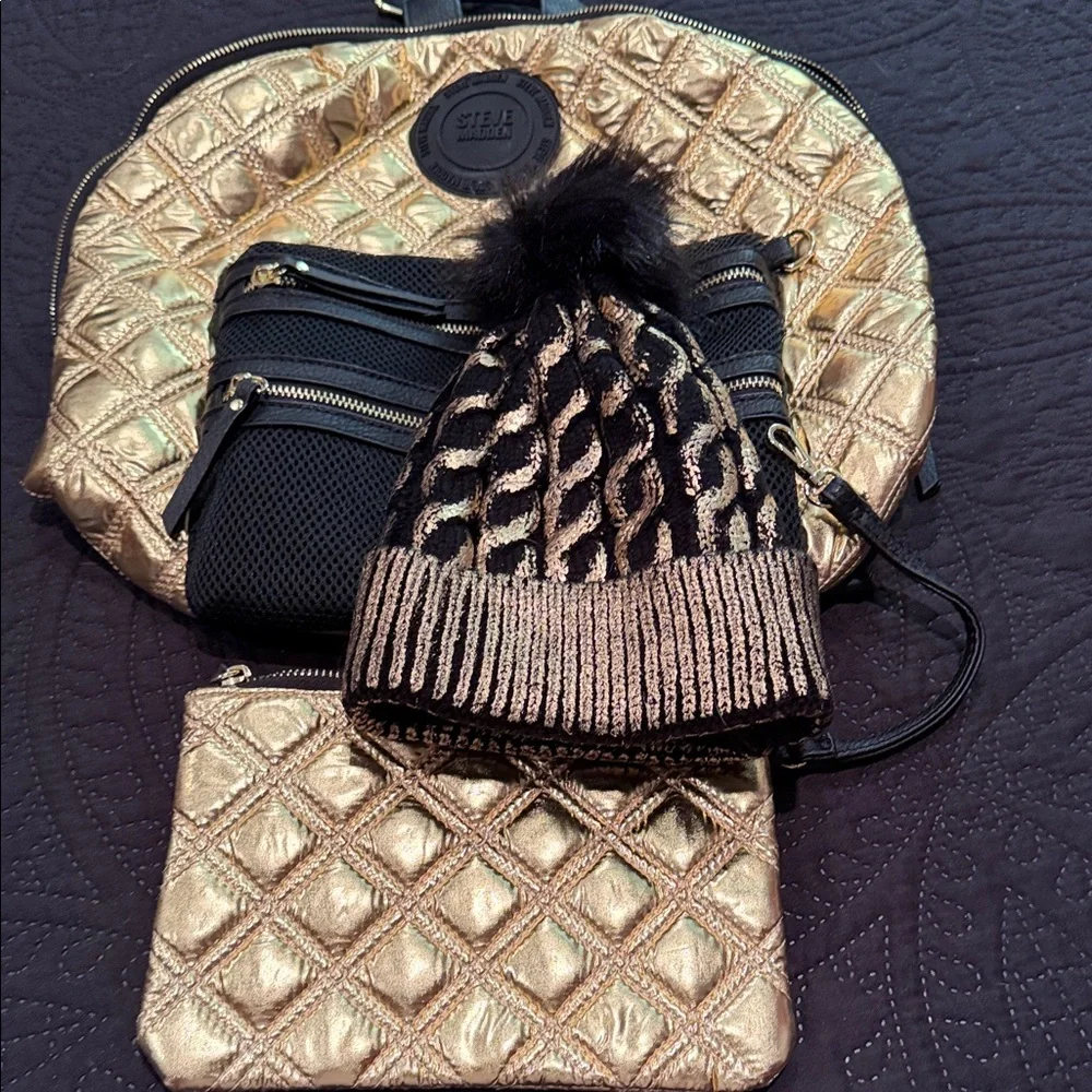 Steve Madden Quilted Metallic Gold and Black Backpack Set. - Picture 8 of 14